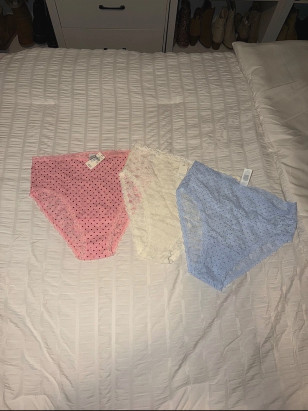 aerie high waist Briefs Trio in Pink, Cream & Light Blue Lace